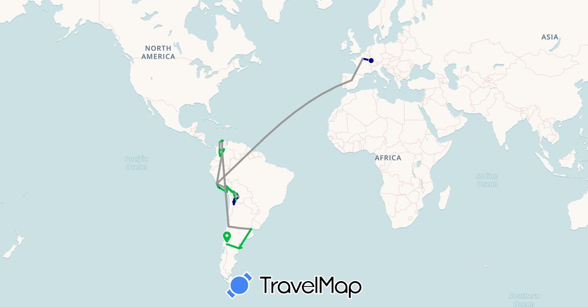 TravelMap itinerary: driving, bus, plane, cycling, hiking, boat in Argentina, Bolivia, Chile, Colombia, Spain, France, Peru (Europe, South America)